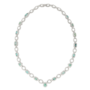 Geometric Link Chain <b>Choker</b> Necklace With Emerald Cut Diamonds Rhodium Plated 925 <b>Silver</b> Women's Luxury Jewelry - Product Image 2