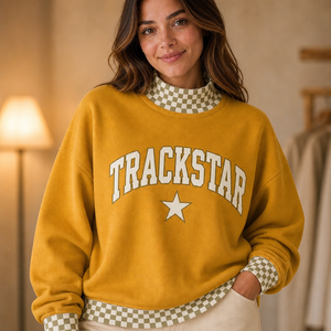 Mustard Olive Check Trackstar Women's Mock Neck Sweatshirt Ivory Letter <b>Star</b> Custom Logo Private Label Wholesale Pullover - Product Image 1