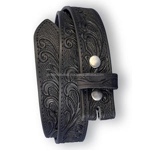 Ceinture d'outillage en cuir occidental en relief floral sculptée à la main pour hommes de haute qualité avec bouton pression pour le changement de boucle - Product Image 1