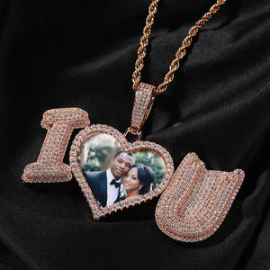 Colgante de Foto 'I Love U', Colgante de Corazón con Incrustaciones de Diamantes, Colgante Personalizado para Parejas, Estilo Hip Hop - Product Image 2