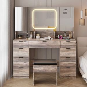 Large Makeup Vanity Table Set with 3 Opening LED-Lit Mirrors Full Storage Behind Mirror D-Style Design - Product Image 1