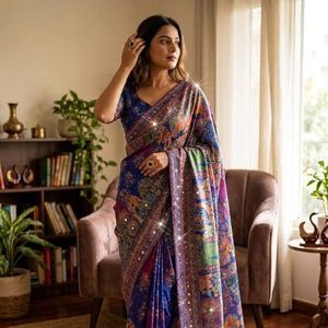 Sari en soie de qualité supérieure avec de véritables broderies miroir, broderies Zari dorées, broderies Chakri, motifs diamantés, magnifique imprimé, sari de créateur pour mariage et fêtes. - Product Image 1