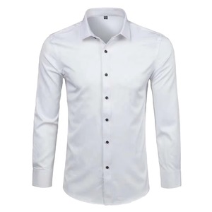 Chemise habillée décontractée pour homme à col montant uni, manches longues, tissée, boutonnée, infroissable, respirante, coupe classique, pour le printemps - Product Image 4