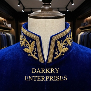 High End Custom Gold Bullion Hand Embroidery Blue Velvet <b>Stand</b> Collar Manufacturer Service - Product Image 2