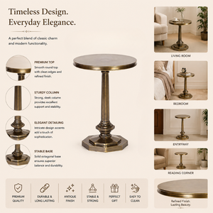 Modern <b>Round</b> Pedestal <b>Side</b> <b>Table</b> with Antique Brass Finish | Elegant Metal Accent End <b>Table</b> with Decorative Column Base for Home - Product Image 4