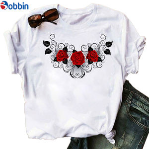 Camiseta estampada de manga corta para mujer, top gráfico de talla grande, camiseta con estampado de rosas y mariposas, holgada y transpirable - Product Image 4