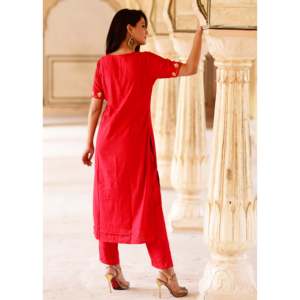 Robe Kurta et pantalon en rayonne rouge, taille XS - Product Image 3