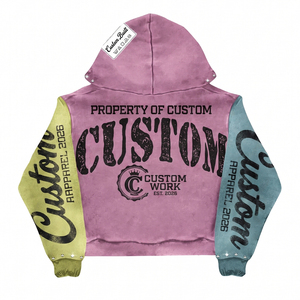 Sudadera con capucha bordada personalizada para hombre, con cremallera rosa grande, patchwork multicolor, capucha con tachuelas, diseño exclusivo desgastado - Product Image 2