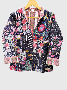 Veste matelassée patchwork florale pour femmes grandes tailles, col rabattu, simple boutonnage, style bohème - Product Image 1