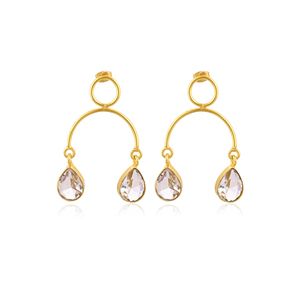 Boucles d'oreilles élégantes en quartz cristal plaqué or, bijoux en laiton faits à la main avec sertissage clos pour femme - Product Image 1