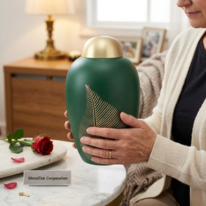 Custom Brass Cremation Urn Leaf Engraved Green Funeral <b>Jars</b> for Human Ashes Handmade Adult Style Memorial Burial Container Urns - Product Image 2