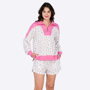 Ensemble 2 pièces imprimé floral pour femmes, avec haut à fermeture éclair et bordure rose, coupe ample décontractée, vêtements de printemps et d'été - Product Image 5