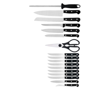 Ensemble de couteaux de cuisine noir, argent et beige avec manches rivetés, bloc de rangement, ciseaux et aiguiseur pour trancher, hacher et cuisiner - Product Image 6