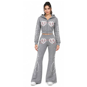 Chándal Gris con Capucha para Mujer, Cierre Completo con Cremallera, Bolsillos Laterales, Estampado Digital, Estilo Casual - Product Image 5
