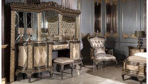 Luxury Solid Mahogany Wood Bedroom Set Royal Gold Carved King <b>Bed</b> with Grand Wardrobe, 2 Nightstands and Dressing <b>Table</b> Set - Product Image 5