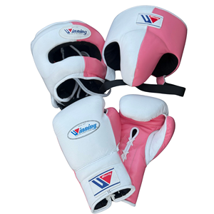 Ensemble de gants de boxe Winning en cuir rose et blanc, 16oz et 14oz, à lacets, à doigts entiers, respirants, avec barre nasale, haute qualité, légers et anti-humidité - Product Image 2