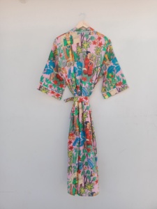 Bata tipo kimono con estampado floral rosa, de longitud completa, manga corta, cuello en V, cierre con cordón, ropa de dormir informal de verano - Product Image 4