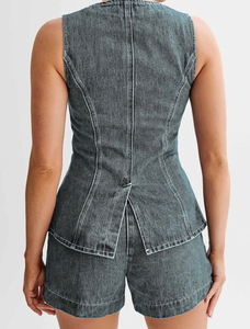 Men's Denim Sleeveless Vest With Shorts <b>Set</b> Casual Solid Color Washed Cotton Woven Summer Wear Plus Size Men's <b>Sets</b> - Product Image 5