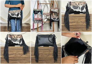 New 2026 Premium Genuine Leather Cowhide Crossbody Fringe Bag Hand Tooled Floral & Bull Shoulder Purse Hair On Hide Wholesale - Product Image 3