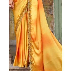 Beautiful Yellow Embroidered <b>Satin</b> Party Wear Saree With <b>Blouse</b> - Product Image 2