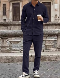 Men's Striped Cotton Shirt And <b>Pants</b> Set Turn-<b>down</b> Collar Casual Long Sleeve Spring Woven Fabric - Product Image 4