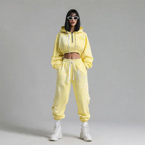 Mujeres Crop Distress bordado chándal Streetwear Jogger Sun Fad cremallera Sudadera con capucha y pantalones de chándal Crop Distress bordado chándal - Product Image 5