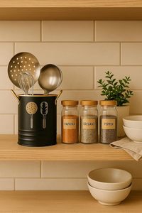Porte-ustensiles cylindrique en métal noir avec cuillères et spatules pour le rangement de cuisine - Product Image 6