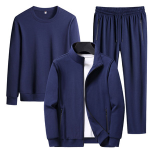 Conjunto Deportivo Azul Marino para Hombre con Chaqueta con Cremallera, Sudadera de Cuello Redondo y Pantalones Deportivos, Estilo Casual de Otoño, Color Sólido - Product Image 1