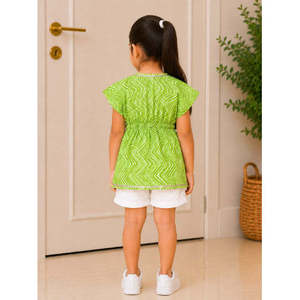 Lime Green Cotton Kaftan for Girls with Half Sleeves Printed Leisure Tops - Product Image 5