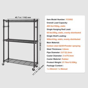 Appendiabiti a 3 livelli su ruote per carichi pesanti, regolabile in altezza, con 2 aste, 2 paia di ganci laterali e 2 ripiani portaoggetti - Product Image 5