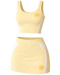 Custom Women Light Yellow Two Piece Crop Top And Mini Skirt Set Sleeveless Scoop Neck Sun <b>Patch</b> High Waist Bodycon Summer Wear - Product Image 1