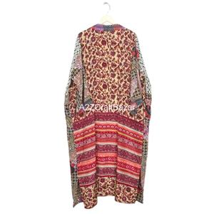 Chaqueta larga de seda India hecha a mano, Túnica, cubierta de Bikini, ropa de dormir, diseño elegante de retazos, cuello en V, cordón frontal - Product Image 3