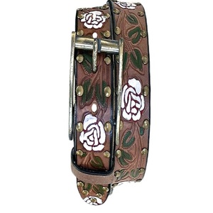 Classic Floral Painted Cowhide Western Leather <b>Belt</b> with Silver Pin Buckle and Brass Studs for Men Casual Style Hand <b>Tooled</b> <b>Belt</b> - Product Image 3