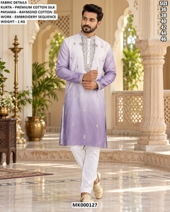 <b>Men's</b> <b>White</b> And Blue Gradient <b>Kurta</b> With Embroidery Sequence Payjama Regular Fit Ankle-Length Traditional Wear All Seasons - Product Image 2