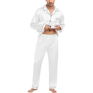 <b>Men's</b> White Silk Satin <b>Pajama</b> <b>Set</b> Long Sleeve Solid Color Classical Style with Pocket Spring Sleepwear - Product Image 2