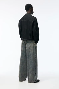 OEM Custom Logo Light Blue Baggy Men's Jeans 100% Cotton Wide Leg Pants Print Dark Colored Zip Washed High Street Plus Size - Product Image 3