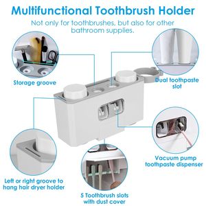 Dispenser Automatico Multifunzione per Dentifricio, Spremitubo Magnetico, 5 Porta Spazzolini, Organizer da Parete, Set Bagno - Product Image 2