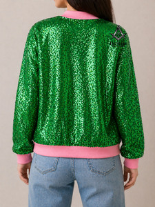 Custom Letterman <b>Sequin</b> Embroidery In Green Ladies Baseball Varsity <b>Jacket</b> | Sorority Greek Apparel By Heritage Masonic Regalia - Product Image 4