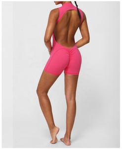 Pink Sleeveless High Waist Seamless Yoga Romper Four-Way Stretch Solid Color Bodycon Shorts Set by AMAZING INDUSTRIES - Product Image 3