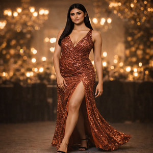 Women <b>Sequin</b> Evening Gown Deep V Neck Backless Strappy Slit Party Dress | Luxury Wedding Prom Wear India 2026 Export Quality Pro - Product Image 3