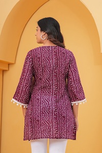Women Rayon Printed Kurti Top Wine Ethnic <b>Tunic</b> with Pom Pom Lace Casual Wear Kurti - Product Image 3
