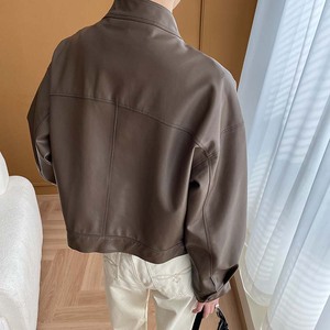 Women's Stand Collar <b>Short</b> Leather <b>Jacket</b> – Autumn Long Sleeve Leather Coat, Slim Casual Outerwear for Ladies - Product Image 3