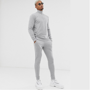 Men's Gray Half-Zip <b>Tracksuit</b> Full Sleeve Solid Color Casual Sweatshirt And Pants Set With Side Pockets Autumn Wear - Product Image 1
