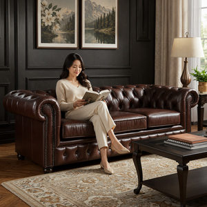 Elegante Sofá de Cuero Marrón con Tapicería Chesterfield y Brazos Enrollados, Mueble Clásico de 3 Plazas para Sala de Estar, Ideal para Interiores de Lujo - Product Image 3