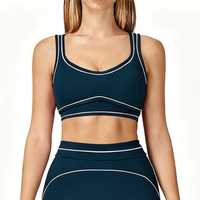 Ensemble de yoga 2 pièces personnalisé pour femme, polyvalent, à rayures et passepoil contrastant, comprenant un short cycliste taille haute et un soutien-gorge de sport rembourré à encolure dégagée, pour la gym