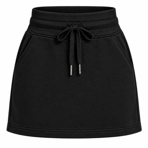 High Waist Women's <b>Black</b> Solid Mini <b>Skirt</b> with Drawstring Casual Straight Design Knitting Cotton Eco-Friendly All Seasons Wear - Product Image 1
