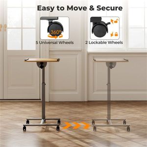 Adjustable 24.5-36 Inch Laptop Desk Cart Natural Mobile <b>Workstation</b> with Lockable Wheels and Tilt Angle - Product Image 6