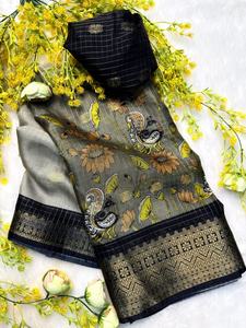 Soft Dola Silk Stylish Party Sarees with Kalamkari Design Jecqurd Butta Contrast Zari Weaving Hamsa Borders Blouse Shown in <b>Pic</b> - Product Image 5