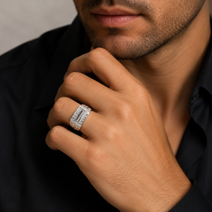 Silver Color Oval Diamond Look Mens Fashion <b>Ring</b> Halo Inlay <b>Statement</b> Jewelry for Party Wedding - Product Image 1