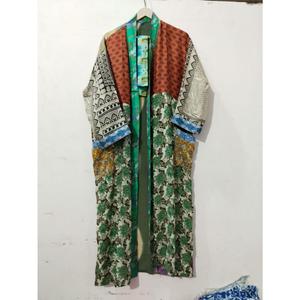 Robe Kimono Maxi Vintage en Soie Recyclée pour Femme, Élégante, Patchwork, Col en V, Cordon de Serrage, Respirante, Séchage Rapide, Idéale pour l'Été - Product Image 3